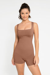 Square Neck Short Sculpting Jumpsuit - Brown